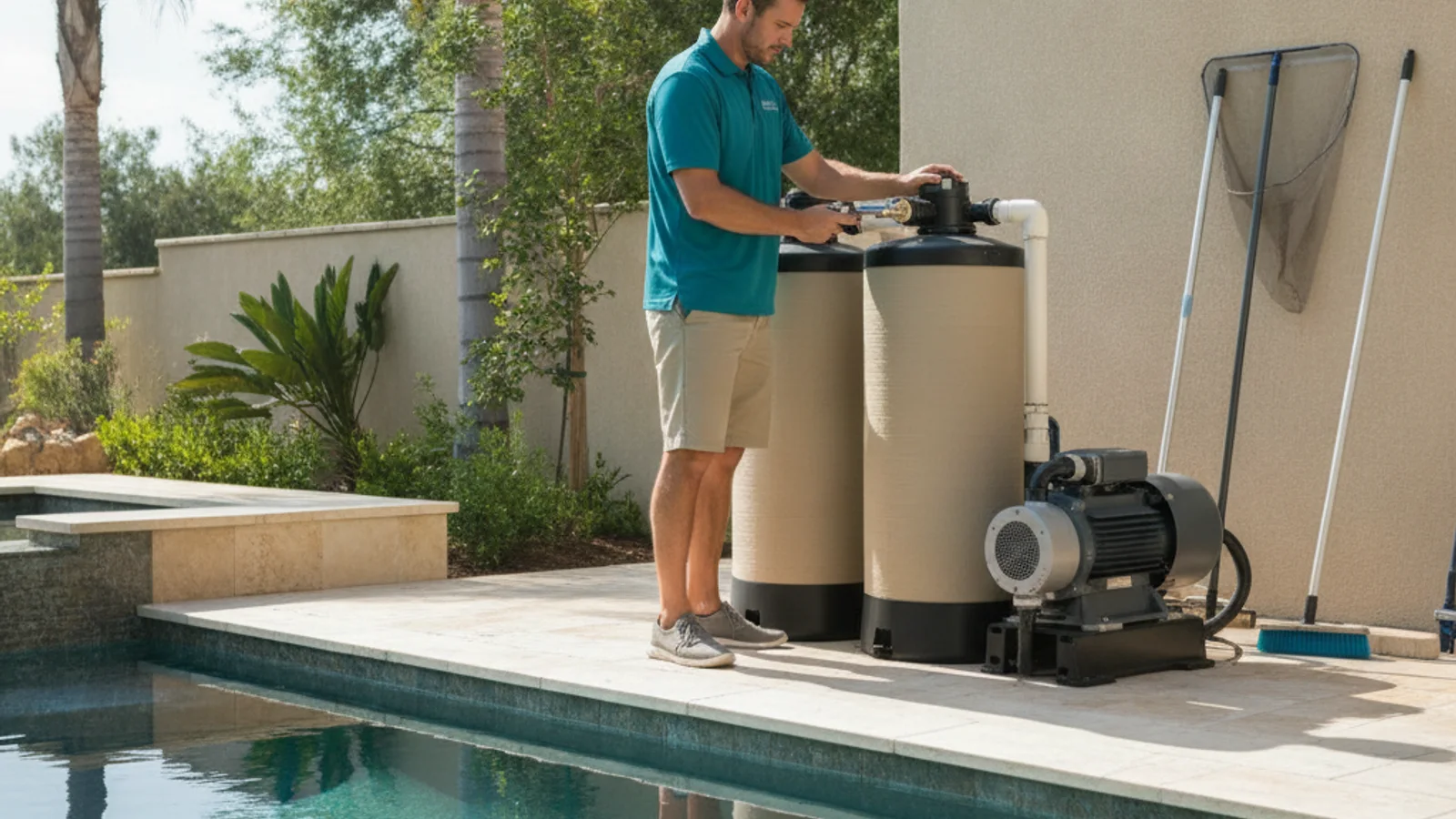 A San Diego backyard pool equipment pad with a new variable-speed pump, cartridge filter, and heat pump heater on a raised concrete slab in soft morning light