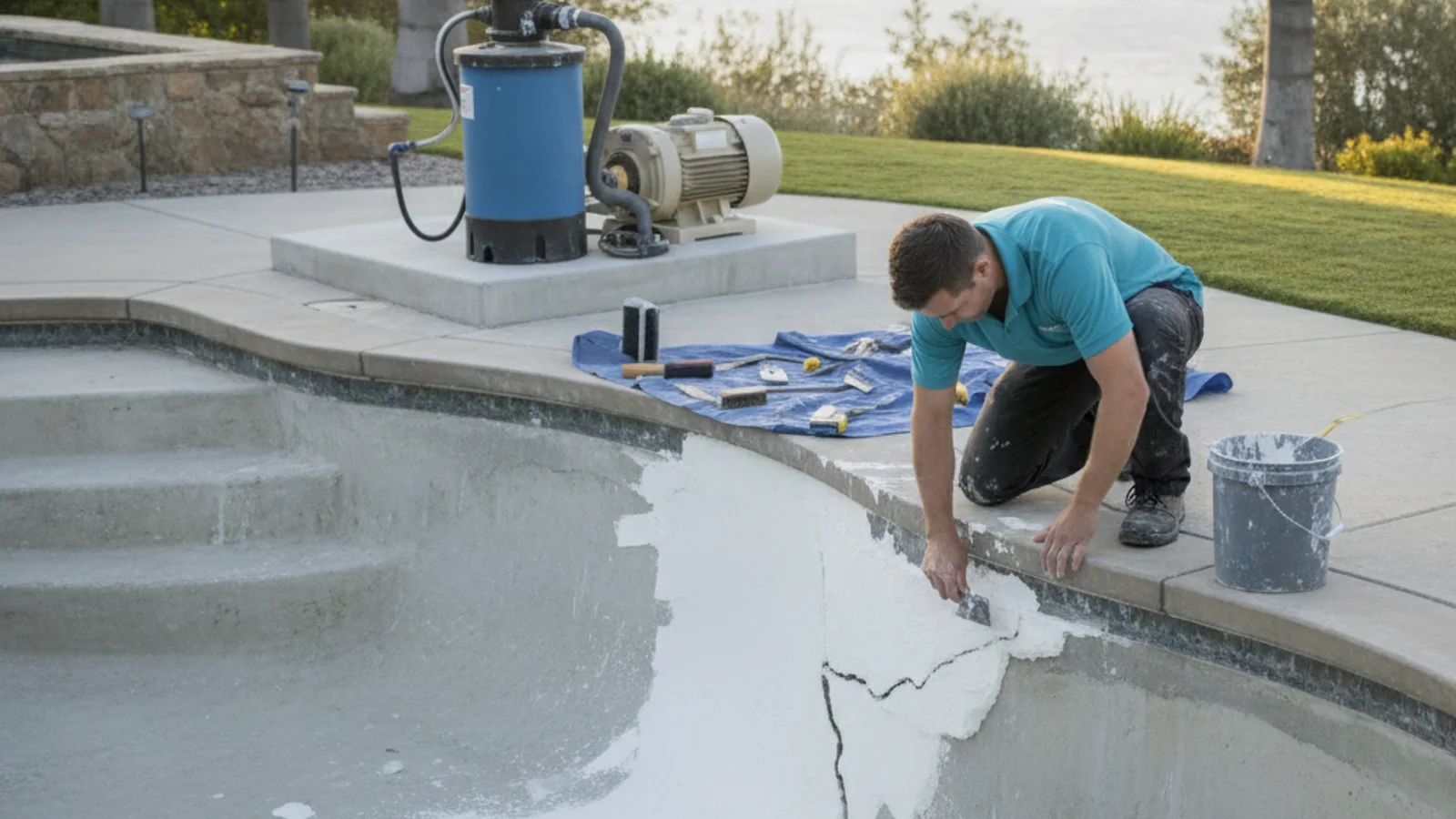 A pool repair technician crouched at the edge of a drained backyard pool in San Diego, running a hand along a cracked plaster wall near the waterline