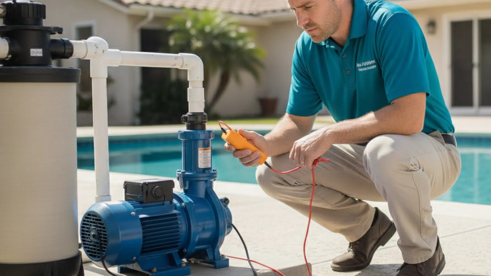 A pool repair technician kneeling beside an open Hayward pool pump housing at a backyard pool in San Diego, inspecting the motor with a flashlight