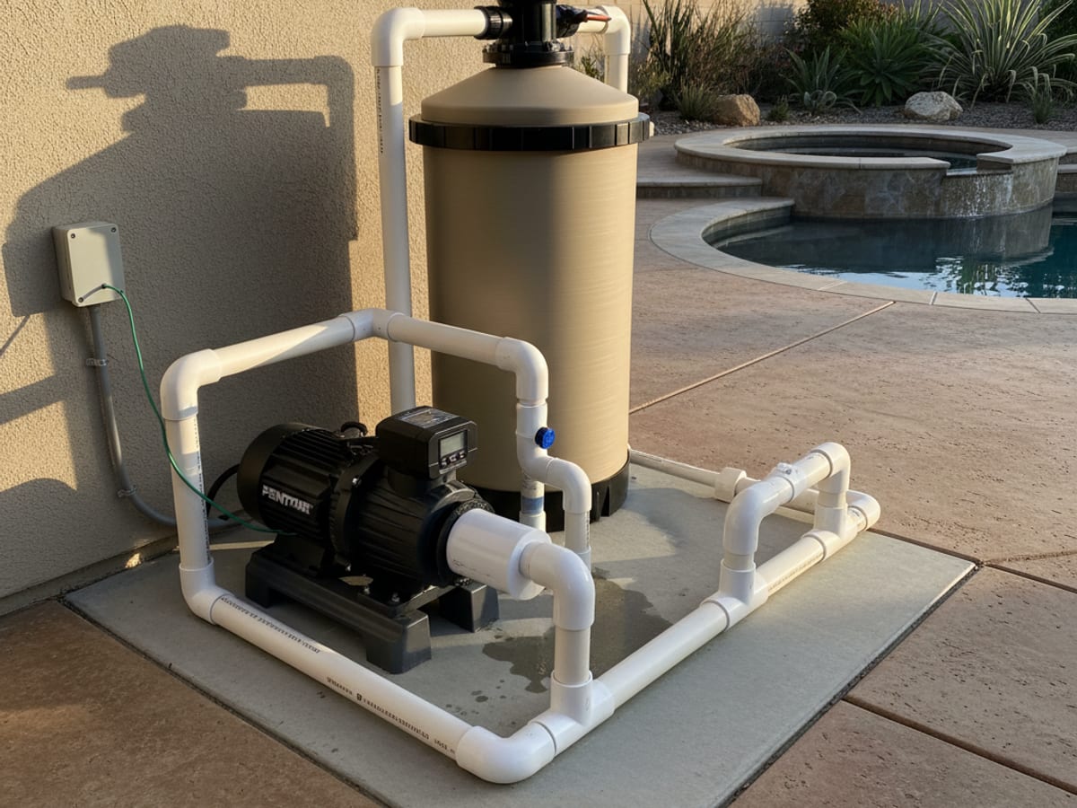 Freshly installed pool pump and filter system on a residential equipment pad